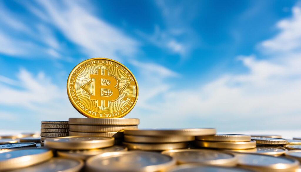 A beautifully lit, wide-angle photograph of a gold Bitcoin coin resting on a stack of silver coins, all set against a backdrop of a clear blue sky with wispy white clouds. The Bitcoin coin is the central focus, gleaming in the warm sunlight, symbolizing its role as a reliable store of value against inflation. The silver coins in the foreground represent traditional fiat currencies, while the serene sky suggests the enduring, timeless nature of the cryptocurrency. The composition is crisp and well-balanced, capturing the essence of Bitcoin as a hedge against the volatility of conventional monetary systems. A beautifully lit, wide-angle photograph of a gold Bitcoin coin resting on a stack of silver coins, all set against a backdrop of a clear blue sky with wispy white clouds. The Bitcoin coin is the central focus, gleaming in the warm sunlight, symbolizing its role as a reliable store of value against inflation. The silver coins in the foreground represent traditional fiat currencies, while the serene sky suggests the enduring, timeless nature of the cryptocurrency. The composition is crisp and well-balanced, capturing the essence of Bitcoin as a hedge against the volatility of conventional monetary systems.