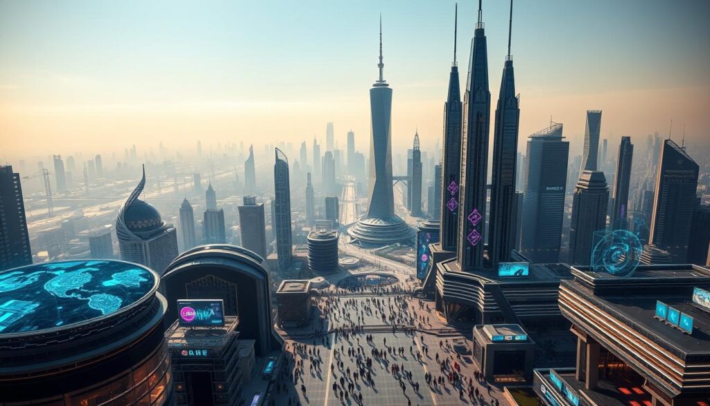A breathtaking landscape of a futuristic cityscape, with towering skyscrapers and gleaming spires that reach towards the heavens. In the foreground, a dazzling array of holographic screens and digital interfaces, pulsing with a kaleidoscope of colors and data streams, representing the ever-evolving world of cryptocurrencies and blockchain technology. The middle ground is a bustling, high-tech hub, where people walk with purpose, engaged in the endless dance of innovation and financial transformation. The background is a hazy, dreamlike skyline, bathed in a warm, golden glow, symbolizing the dawn of a new era in finance and global commerce, powered by the disruptive force of digital currencies. A breathtaking landscape of a futuristic cityscape, with towering skyscrapers and gleaming spires that reach towards the heavens. In the foreground, a dazzling array of holographic screens and digital interfaces, pulsing with a kaleidoscope of colors and data streams, representing the ever-evolving world of cryptocurrencies and blockchain technology. The middle ground is a bustling, high-tech hub, where people walk with purpose, engaged in the endless dance of innovation and financial transformation. The background is a hazy, dreamlike skyline, bathed in a warm, golden glow, symbolizing the dawn of a new era in finance and global commerce, powered by the disruptive force of digital currencies.