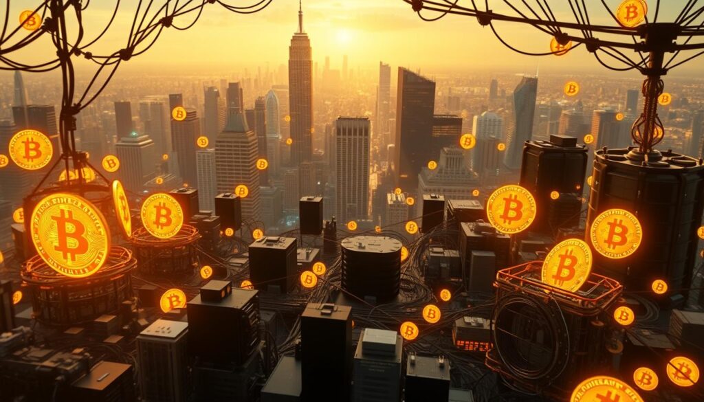 A bustling Bitcoin ecosystem with intricate interconnections. In the foreground, a diverse array of digital wallets, exchanges, and decentralized applications thrives, symbolizing the vibrant financial innovation. The middle ground features miners verifying transactions under the warm glow of powerful rigs, powering the network. In the background, a gleaming cityscape with towering skyscrapers reflects the widespread adoption and integration of Bitcoin technology. The scene is bathed in a soft, golden light, conveying a sense of growth, progress, and the transformative potential of this revolutionary cryptocurrency. A bustling Bitcoin ecosystem with intricate interconnections. In the foreground, a diverse array of digital wallets, exchanges, and decentralized applications thrives, symbolizing the vibrant financial innovation. The middle ground features miners verifying transactions under the warm glow of powerful rigs, powering the network. In the background, a gleaming cityscape with towering skyscrapers reflects the widespread adoption and integration of Bitcoin technology. The scene is bathed in a soft, golden light, conveying a sense of growth, progress, and the transformative potential of this revolutionary cryptocurrency.
