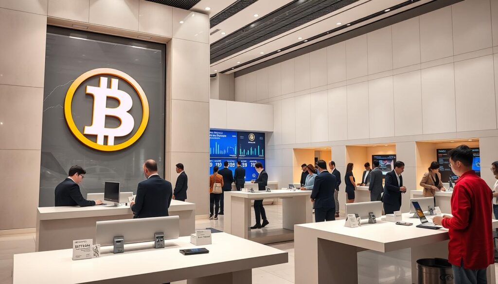 A bustling banking scene, with a prominent Bitcoin logo prominently displayed on the facade of a large, modern bank building. Inside, bank employees assist customers at sleek, minimalist counters, discussing cryptocurrency services and integrations. The lighting is bright and professional, with clean lines and a polished, efficient atmosphere. In the background, digital screens showcase Bitcoin exchange rates and transaction data, while well-dressed customers wait patiently to speak with the knowledgeable staff. The overall impression is one of a traditional financial institution embracing the cutting-edge technology of digital currency, offering a seamless blend of old and new. A bustling banking scene, with a prominent Bitcoin logo prominently displayed on the facade of a large, modern bank building. Inside, bank employees assist customers at sleek, minimalist counters, discussing cryptocurrency services and integrations. The lighting is bright and professional, with clean lines and a polished, efficient atmosphere. In the background, digital screens showcase Bitcoin exchange rates and transaction data, while well-dressed customers wait patiently to speak with the knowledgeable staff. The overall impression is one of a traditional financial institution embracing the cutting-edge technology of digital currency, offering a seamless blend of old and new.