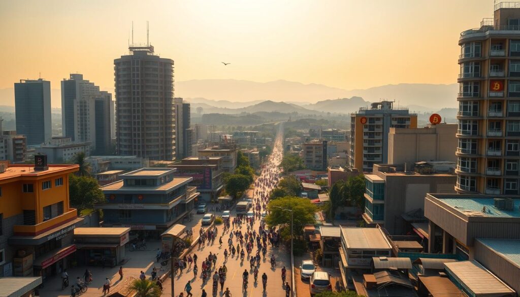 A bustling city skyline in a developing nation, seen through a wide-angle lens. In the foreground, modern office towers and residential high-rises stand against a hazy, golden-hour sky. The middle ground reveals busy streets teeming with pedestrians, bicycles, and colorful market stalls. In the background, lush, rolling hills and a distant mountain range form a picturesque natural backdrop. The scene is bathed in warm, diffused lighting, creating a sense of hope and possibility. Bitcoin logos and symbols subtly adorn the buildings, signifying the integration of this new financial technology into the local economy. A bustling city skyline in a developing nation, seen through a wide-angle lens. In the foreground, modern office towers and residential high-rises stand against a hazy, golden-hour sky. The middle ground reveals busy streets teeming with pedestrians, bicycles, and colorful market stalls. In the background, lush, rolling hills and a distant mountain range form a picturesque natural backdrop. The scene is bathed in warm, diffused lighting, creating a sense of hope and possibility. Bitcoin logos and symbols subtly adorn the buildings, signifying the integration of this new financial technology into the local economy.