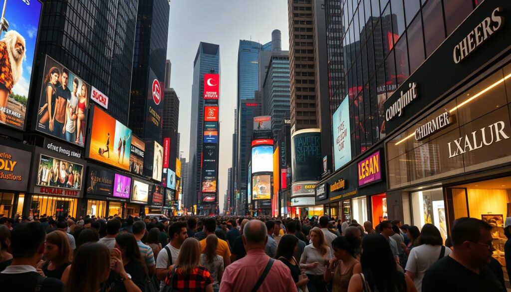 A bustling cityscape with towering skyscrapers and neon-lit billboards, reflecting the vibrant and ever-changing consumerist culture. In the foreground, a crowd of people navigating the busy streets, their faces obscured by shopping bags and smartphones, emblematic of the constant drive to acquire and consume. The middle ground showcases a diverse array of commercial establishments, from sleek luxury boutiques to crowded discount stores, all vying for the attention of the perpetually shopping masses. In the background, a dimly lit alley offers a glimpse of the less glamorous aspects of this consumer-driven world, hinting at the environmental and societal impacts of such unrestrained materialism. The scene is bathed in a warm, amber-tinted light, creating a sense of both allure and unease, reflecting the complex nature of modern consumerism. A bustling cityscape with towering skyscrapers and neon-lit billboards, reflecting the vibrant and ever-changing consumerist culture. In the foreground, a crowd of people navigating the busy streets, their faces obscured by shopping bags and smartphones, emblematic of the constant drive to acquire and consume. The middle ground showcases a diverse array of commercial establishments, from sleek luxury boutiques to crowded discount stores, all vying for the attention of the perpetually shopping masses. In the background, a dimly lit alley offers a glimpse of the less glamorous aspects of this consumer-driven world, hinting at the environmental and societal impacts of such unrestrained materialism. The scene is bathed in a warm, amber-tinted light, creating a sense of both allure and unease, reflecting the complex nature of modern consumerism.