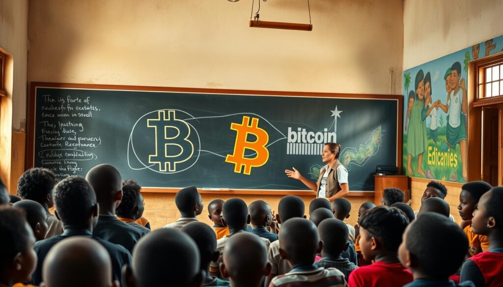 A bustling classroom in a developing nation, the blackboard adorned with a glowing Bitcoin logo. Students of all ages, their faces alight with curiosity, gather around a teacher who gestures enthusiastically, expounding on the transformative potential of cryptocurrency. Warm, muted lighting filters through large windows, casting a hopeful glow over the scene. In the background, a vibrant mural depicts the journey of Bitcoin - from its humble origins to its role as a catalyst for financial empowerment and educational advancement. The image conveys the profound impact of Bitcoin on the education system, empowering individuals and communities to build a brighter, more inclusive future. A bustling classroom in a developing nation, the blackboard adorned with a glowing Bitcoin logo. Students of all ages, their faces alight with curiosity, gather around a teacher who gestures enthusiastically, expounding on the transformative potential of cryptocurrency. Warm, muted lighting filters through large windows, casting a hopeful glow over the scene. In the background, a vibrant mural depicts the journey of Bitcoin - from its humble origins to its role as a catalyst for financial empowerment and educational advancement. The image conveys the profound impact of Bitcoin on the education system, empowering individuals and communities to build a brighter, more inclusive future.