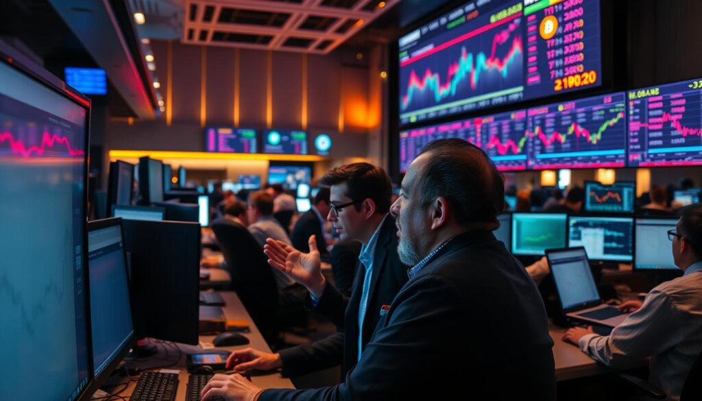 A bustling financial trading floor, with rows of traders hunched over their screens, monitoring the dynamic charts and graphs of various cryptocurrencies. The room is bathed in a warm, ambient lighting, creating a sense of intensity and focus. In the foreground, a trader gestures animatedly, deep in discussion with a colleague, their faces illuminated by the glow of their monitors. The middle ground is filled with the subtle hum of keyboards and the occasional buzz of a notification, as orders are placed and transactions executed. In the background, a large display board showcases the real-time fluctuations of Bitcoin and other leading digital currencies, reflecting the ever-changing nature of this new era of investment. A bustling financial trading floor, with rows of traders hunched over their screens, monitoring the dynamic charts and graphs of various cryptocurrencies. The room is bathed in a warm, ambient lighting, creating a sense of intensity and focus. In the foreground, a trader gestures animatedly, deep in discussion with a colleague, their faces illuminated by the glow of their monitors. The middle ground is filled with the subtle hum of keyboards and the occasional buzz of a notification, as orders are placed and transactions executed. In the background, a large display board showcases the real-time fluctuations of Bitcoin and other leading digital currencies, reflecting the ever-changing nature of this new era of investment.