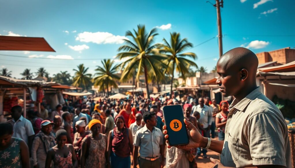 A bustling marketplace in a developing nation, sun-drenched stalls brimming with local wares. In the foreground, a merchant accepts payment via a smartphone, the Bitcoin logo prominently displayed. Surrounding them, a diverse crowd of shoppers, some eyeing the transaction curiously. In the middle ground, towering palm trees sway gently, casting long shadows across the scene. The background reveals a modest skyline, simple buildings and infrastructure juxtaposed against a vibrant, azure sky. The overall atmosphere is one of cautious optimism, capturing the potential and challenges of Bitcoin's adoption in emerging economies. A bustling marketplace in a developing nation, sun-drenched stalls brimming with local wares. In the foreground, a merchant accepts payment via a smartphone, the Bitcoin logo prominently displayed. Surrounding them, a diverse crowd of shoppers, some eyeing the transaction curiously. In the middle ground, towering palm trees sway gently, casting long shadows across the scene. The background reveals a modest skyline, simple buildings and infrastructure juxtaposed against a vibrant, azure sky. The overall atmosphere is one of cautious optimism, capturing the potential and challenges of Bitcoin's adoption in emerging economies.
