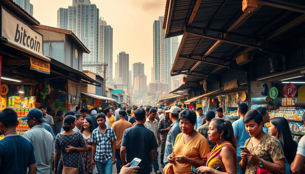A bustling marketplace in a developing nation, with stalls and vendors offering a vibrant array of local goods. In the foreground, a group of people engage in lively discussions, some holding smartphones and digital wallets, illustrating the integration of Bitcoin into their daily lives. The middle ground showcases the diverse community, with people of all ages and backgrounds interacting seamlessly. In the background, modern high-rises and infrastructure coexist with traditional architecture, symbolizing the blend of old and new technologies. The scene is bathed in warm, golden light, conveying a sense of optimism and progress. The overall composition captures the social and economic impact of Bitcoin, empowering individuals and transforming the landscape of this developing region. A bustling marketplace in a developing nation, with stalls and vendors offering a vibrant array of local goods. In the foreground, a group of people engage in lively discussions, some holding smartphones and digital wallets, illustrating the integration of Bitcoin into their daily lives. The middle ground showcases the diverse community, with people of all ages and backgrounds interacting seamlessly. In the background, modern high-rises and infrastructure coexist with traditional architecture, symbolizing the blend of old and new technologies. The scene is bathed in warm, golden light, conveying a sense of optimism and progress. The overall composition captures the social and economic impact of Bitcoin, empowering individuals and transforming the landscape of this developing region.