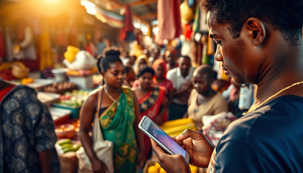 A bustling marketplace in a developing nation, with vendors selling a diverse array of goods. In the foreground, a merchant uses a smartphone to complete a Bitcoin transaction, their face lit by the warm glow of the device's screen. In the middle ground, locals gather around, observing the novel payment method with a mix of curiosity and excitement. The background is a vibrant tapestry of colorful textiles, produce, and the hustle and bustle of daily life. Warm, diffused sunlight filters through the scene, casting a golden hue and evoking a sense of optimism and progress. The image captures the integration of cryptocurrency into the fabric of an emerging economy, showcasing the transformative potential of Bitcoin in developing regions. A bustling marketplace in a developing nation, with vendors selling a diverse array of goods. In the foreground, a merchant uses a smartphone to complete a Bitcoin transaction, their face lit by the warm glow of the device's screen. In the middle ground, locals gather around, observing the novel payment method with a mix of curiosity and excitement. The background is a vibrant tapestry of colorful textiles, produce, and the hustle and bustle of daily life. Warm, diffused sunlight filters through the scene, casting a golden hue and evoking a sense of optimism and progress. The image captures the integration of cryptocurrency into the fabric of an emerging economy, showcasing the transformative potential of Bitcoin in developing regions.