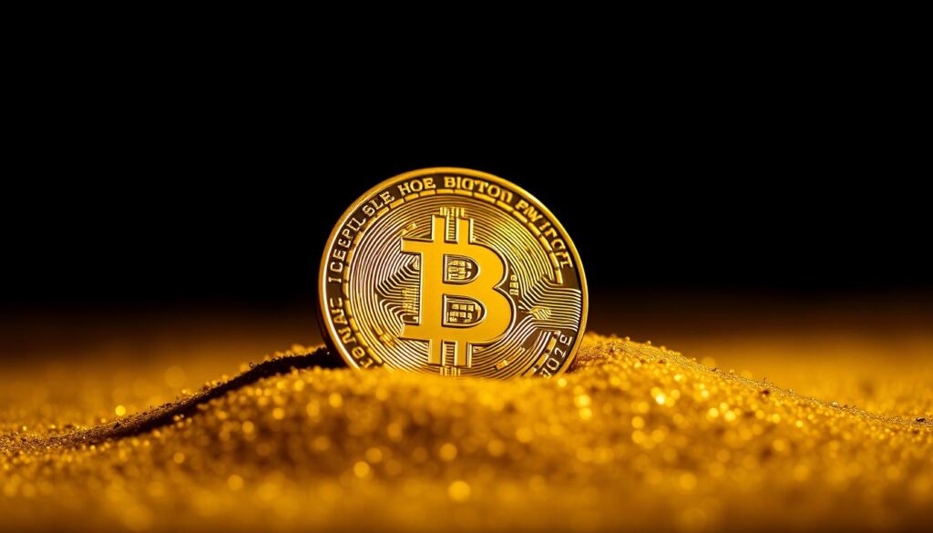 A close-up view of a shiny golden Bitcoin cryptocurrency coin, resting on a bed of sparkling gold dust against a dark, shadowy background. The coin is illuminated by a warm, soft light, casting gentle highlights and reflections that accentuate its metallic luster. The overall composition conveys a sense of value, solidity, and timelessness, suggesting Bitcoin's role as a digital analogue to traditional precious metal investments. The scene is captured with a shallow depth of field, keeping the coin in sharp focus while blurring the background, creating a sense of depth and emphasis on the central subject. A close-up view of a shiny golden Bitcoin cryptocurrency coin, resting on a bed of sparkling gold dust against a dark, shadowy background. The coin is illuminated by a warm, soft light, casting gentle highlights and reflections that accentuate its metallic luster. The overall composition conveys a sense of value, solidity, and timelessness, suggesting Bitcoin's role as a digital analogue to traditional precious metal investments. The scene is captured with a shallow depth of field, keeping the coin in sharp focus while blurring the background, creating a sense of depth and emphasis on the central subject.