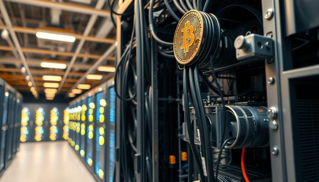 A close-up view of a sophisticated Bitcoin mining rig, its components illuminated by warm overhead lighting. The machine's intricate metallic chassis and cooling fans are prominently featured, conveying the technical complexity of the mining process. In the background, a softly blurred data center with rows of identical rigs suggests the industrial scale of Bitcoin mining operations. The overall scene evokes a sense of technological prowess and the relentless computational power that underpins the Bitcoin network. A close-up view of a sophisticated Bitcoin mining rig, its components illuminated by warm overhead lighting. The machine's intricate metallic chassis and cooling fans are prominently featured, conveying the technical complexity of the mining process. In the background, a softly blurred data center with rows of identical rigs suggests the industrial scale of Bitcoin mining operations. The overall scene evokes a sense of technological prowess and the relentless computational power that underpins the Bitcoin network.