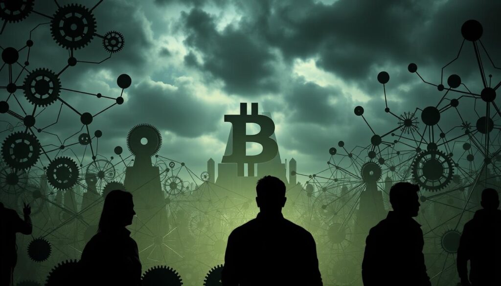 A complex Bitcoin ecosystem landscape, with intricate gears, nodes, and interconnected digital pathways. The foreground features silhouetted figures navigating the challenges, their expressions pensive. The middle ground showcases a towering, abstract Bitcoin symbol, its facets reflecting the multifaceted issues at hand. The background depicts a moody, clouded sky, hinting at the looming uncertainties. The lighting is dramatic, creating deep shadows and highlights to emphasize the weight of the challenges. The overall tone is one of cautious exploration, with a sense of the dynamic, ever-evolving nature of the Bitcoin ecosystem. A complex Bitcoin ecosystem landscape, with intricate gears, nodes, and interconnected digital pathways. The foreground features silhouetted figures navigating the challenges, their expressions pensive. The middle ground showcases a towering, abstract Bitcoin symbol, its facets reflecting the multifaceted issues at hand. The background depicts a moody, clouded sky, hinting at the looming uncertainties. The lighting is dramatic, creating deep shadows and highlights to emphasize the weight of the challenges. The overall tone is one of cautious exploration, with a sense of the dynamic, ever-evolving nature of the Bitcoin ecosystem.