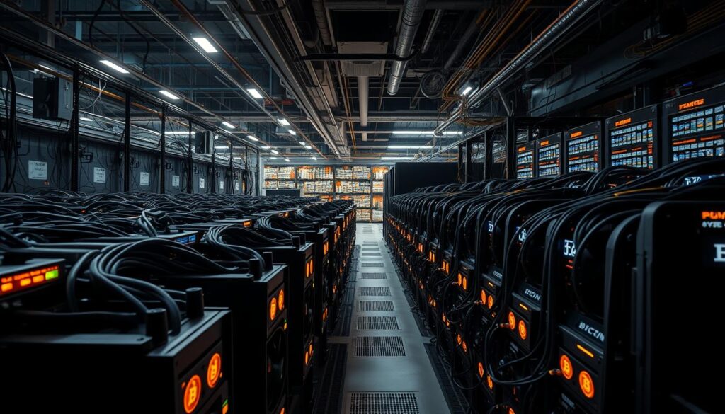 A complex, industrial scene of a Bitcoin mining operation, captured with a high-resolution camera lens and dramatic lighting. In the foreground, rows of specialized mining rigs hum with activity, their cooling fans spinning and heat vents glowing. The middle ground reveals a network of cables, power supplies, and monitoring displays, conveying the technical intricacy of the mining process. In the background, a vast data center stretches out, filled with server racks and blinking network equipment, symbolizing the global scale of the Bitcoin ecosystem. The overall mood is one of technological sophistication and the relentless computational power driving the Bitcoin mining process. A complex, industrial scene of a Bitcoin mining operation, captured with a high-resolution camera lens and dramatic lighting. In the foreground, rows of specialized mining rigs hum with activity, their cooling fans spinning and heat vents glowing. The middle ground reveals a network of cables, power supplies, and monitoring displays, conveying the technical intricacy of the mining process. In the background, a vast data center stretches out, filled with server racks and blinking network equipment, symbolizing the global scale of the Bitcoin ecosystem. The overall mood is one of technological sophistication and the relentless computational power driving the Bitcoin mining process.