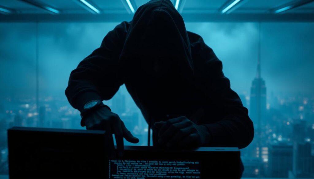 A dark and ominous scene depicting a "Crypto-Jacking Angriff". In the foreground, a shadowy figure with a sinister gaze hovers over a computer terminal, their hands poised to infiltrate a digital network. The terminal's display shows cryptic lines of code, hinting at the illicit activities taking place. In the middle ground, the outline of a cityscape can be seen through a hazy, neon-tinged atmosphere, suggesting the widespread reach of this cyber threat. The background is shrouded in an eerie, electric-blue glow, creating a sense of unease and vulnerability. The overall composition evokes a tense, high-stakes scenario where the security of a digital infrastructure is under attack. A dark and ominous scene depicting a "Crypto-Jacking Angriff". In the foreground, a shadowy figure with a sinister gaze hovers over a computer terminal, their hands poised to infiltrate a digital network. The terminal's display shows cryptic lines of code, hinting at the illicit activities taking place. In the middle ground, the outline of a cityscape can be seen through a hazy, neon-tinged atmosphere, suggesting the widespread reach of this cyber threat. The background is shrouded in an eerie, electric-blue glow, creating a sense of unease and vulnerability. The overall composition evokes a tense, high-stakes scenario where the security of a digital infrastructure is under attack.
