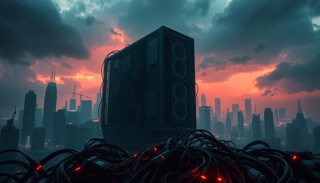 A dark, dystopian-style cyberpunk cityscape, with a central focus on a massive, ominous-looking cryptocurrency mining rig towering over the skyline. The city is shrouded in a hazy, neon-tinged gloom, with skyscrapers and industrial structures casting long shadows. In the foreground, a tangle of futuristic-looking cables and hardware components representing the complex system of cryptocurrency transactions and security vulnerabilities. In the background, a stormy sky filled with ominous clouds, hinting at the looming threat of cyber attacks and financial instability. The overall mood is one of unease and technological paranoia, reflecting the inherent risks and dangers associated with the world of cryptocurrency. A dark, dystopian-style cyberpunk cityscape, with a central focus on a massive, ominous-looking cryptocurrency mining rig towering over the skyline. The city is shrouded in a hazy, neon-tinged gloom, with skyscrapers and industrial structures casting long shadows. In the foreground, a tangle of futuristic-looking cables and hardware components representing the complex system of cryptocurrency transactions and security vulnerabilities. In the background, a stormy sky filled with ominous clouds, hinting at the looming threat of cyber attacks and financial instability. The overall mood is one of unease and technological paranoia, reflecting the inherent risks and dangers associated with the world of cryptocurrency.