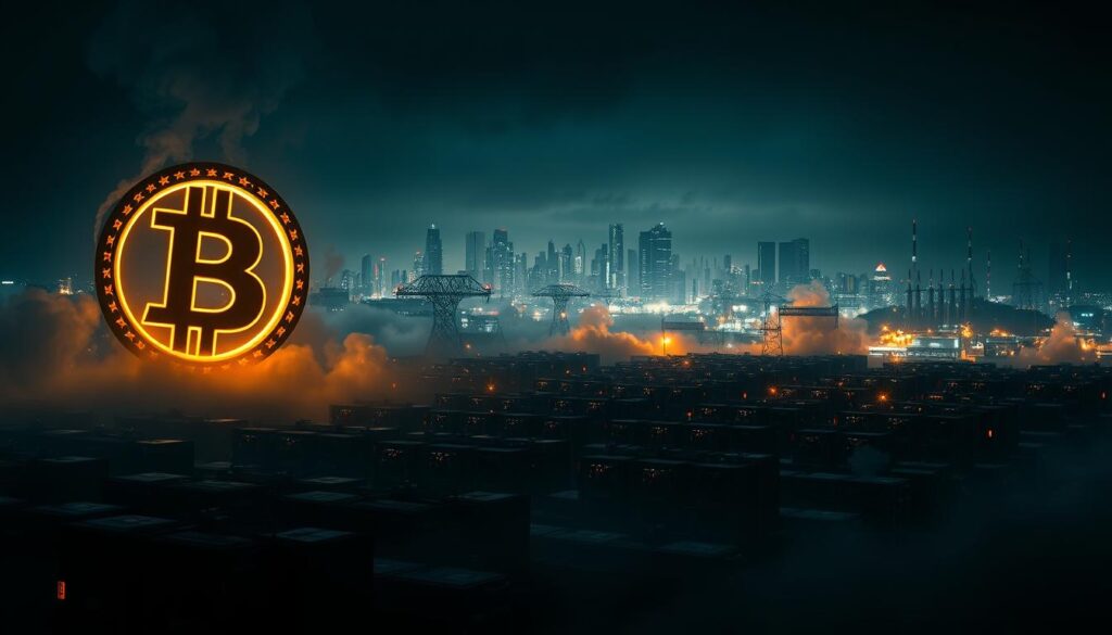 A dark, foreboding landscape depicting the energy consumption of cryptocurrencies. In the foreground, a towering cryptocurrency symbol, its hollow interior glowing with an ominous energy. Surrounding it, a sea of serried mining rigs, their fans whirring and lights blinking, consuming vast amounts of electricity. The middle ground is shrouded in a haze of heat and exhaust, while in the background, a cityscape of skyscrapers and industrial complexes looms, their energy demands further straining the grid. The lighting is harsh, casting deep shadows and highlighting the scale of the problem. The overall mood is one of concern, as the viewer contemplates the societal and economic implications of this voracious digital gold rush. A dark, foreboding landscape depicting the energy consumption of cryptocurrencies. In the foreground, a towering cryptocurrency symbol, its hollow interior glowing with an ominous energy. Surrounding it, a sea of serried mining rigs, their fans whirring and lights blinking, consuming vast amounts of electricity. The middle ground is shrouded in a haze of heat and exhaust, while in the background, a cityscape of skyscrapers and industrial complexes looms, their energy demands further straining the grid. The lighting is harsh, casting deep shadows and highlighting the scale of the problem. The overall mood is one of concern, as the viewer contemplates the societal and economic implications of this voracious digital gold rush.