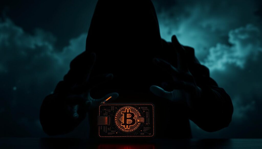 A dark, foreboding scene depicting the data privacy risks associated with Bitcoin transactions. In the foreground, a shadowy figure hovers over a glowing crypto wallet, their hands reaching towards the screen in a sinister manner. In the middle ground, a web of digital connections and data flows emerge, hinting at the complex network of transactions and the potential for breaches. The background is shrouded in a hazy, ominous atmosphere, with ominous clouds and a sense of unease permeating the scene. The lighting is dramatic, creating deep shadows and highlighting the sense of danger and uncertainty surrounding the handling of sensitive financial data on the blockchain. The overall mood is one of tension and unease, capturing the essence of the "Datenschutzrisiken bei Bitcoin-Transaktionen" topic. A dark, foreboding scene depicting the data privacy risks associated with Bitcoin transactions. In the foreground, a shadowy figure hovers over a glowing crypto wallet, their hands reaching towards the screen in a sinister manner. In the middle ground, a web of digital connections and data flows emerge, hinting at the complex network of transactions and the potential for breaches. The background is shrouded in a hazy, ominous atmosphere, with ominous clouds and a sense of unease permeating the scene. The lighting is dramatic, creating deep shadows and highlighting the sense of danger and uncertainty surrounding the handling of sensitive financial data on the blockchain. The overall mood is one of tension and unease, capturing the essence of the "Datenschutzrisiken bei Bitcoin-Transaktionen" topic.