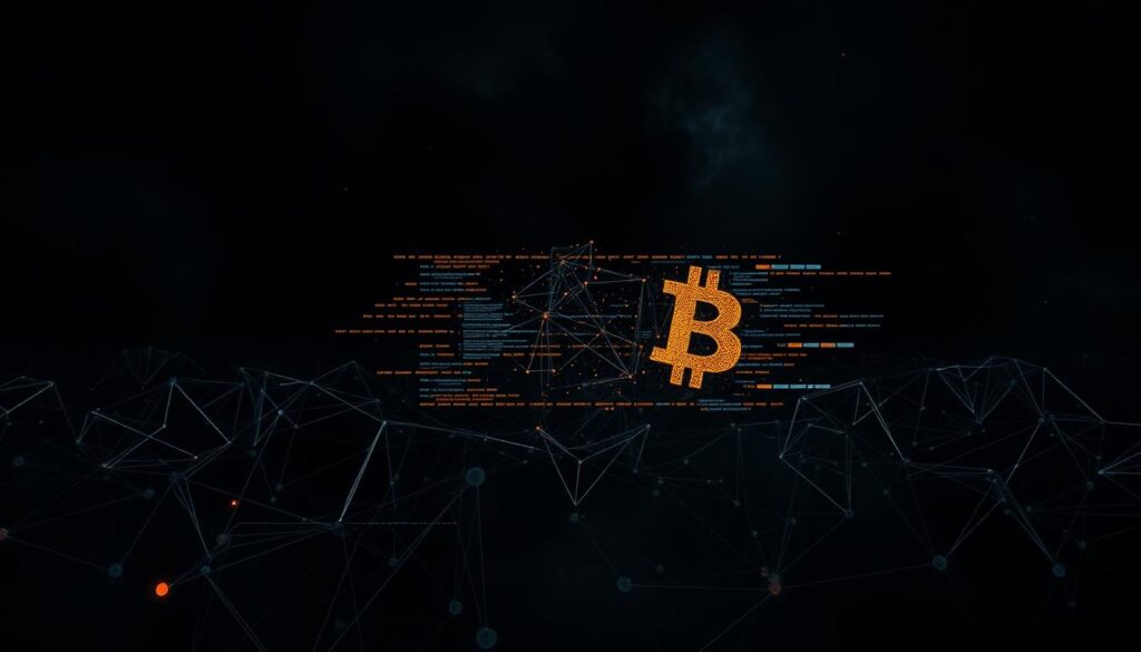 A dark, gritty, and foreboding visual representation of the potential security risks and vulnerabilities within the Bitcoin network. In the foreground, a complex web of interconnected nodes and transactions, hinting at the intricate and fragile nature of the system. In the middle ground, glitching, distorted visual elements symbolize the ever-present threat of hacking, data breaches, and system failures. The background is shrouded in a heavy, ominous atmosphere, with ominous shadows and a sense of unease, conveying the gravity of the security challenges faced by the Bitcoin ecosystem. The overall aesthetic is one of technological anxiety, emphasizing the need for vigilance and robust security measures to safeguard the integrity of the Bitcoin network. A dark, gritty, and foreboding visual representation of the potential security risks and vulnerabilities within the Bitcoin network. In the foreground, a complex web of interconnected nodes and transactions, hinting at the intricate and fragile nature of the system. In the middle ground, glitching, distorted visual elements symbolize the ever-present threat of hacking, data breaches, and system failures. The background is shrouded in a heavy, ominous atmosphere, with ominous shadows and a sense of unease, conveying the gravity of the security challenges faced by the Bitcoin ecosystem. The overall aesthetic is one of technological anxiety, emphasizing the need for vigilance and robust security measures to safeguard the integrity of the Bitcoin network.
