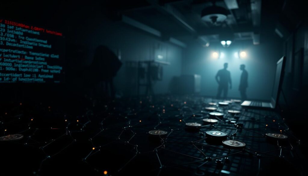 A dark, intricate network of transactions depicted against a backdrop of a dimly lit, anonymous online environment. In the foreground, a series of detailed Bitcoin wallet addresses and transaction hashes materialize, their flow obscured by shadows and digital static. The middle ground reveals glimpses of clandestine communication channels, encrypted data streams, and the faint outlines of anonymous user profiles. In the distant background, an ominous presence looms - the omniscient gaze of surveillance systems, law enforcement monitoring, and the ever-present threat of exposure. Lighting is moody, with high contrast and deep, inky blacks punctuated by flashes of technological luminescence. The overall mood is one of secrecy, risk, and the hidden underbelly of the digital economy. A dark, intricate network of transactions depicted against a backdrop of a dimly lit, anonymous online environment. In the foreground, a series of detailed Bitcoin wallet addresses and transaction hashes materialize, their flow obscured by shadows and digital static. The middle ground reveals glimpses of clandestine communication channels, encrypted data streams, and the faint outlines of anonymous user profiles. In the distant background, an ominous presence looms - the omniscient gaze of surveillance systems, law enforcement monitoring, and the ever-present threat of exposure. Lighting is moody, with high contrast and deep, inky blacks punctuated by flashes of technological luminescence. The overall mood is one of secrecy, risk, and the hidden underbelly of the digital economy.