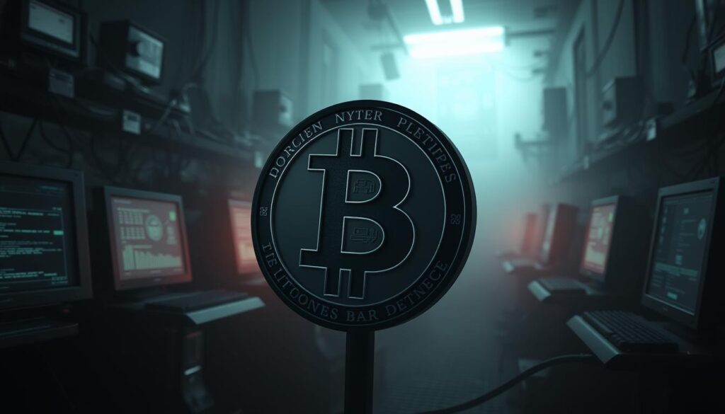 A dark, moody scene of a Bitcoin symbol immersed in a shadowy, neon-lit Darknet landscape. The Bitcoin icon, rendered in a striking metallic finish, casts an ominous glow against a backdrop of anonymous computer terminals, flickering screens, and a tangle of wires. The atmosphere is one of secrecy and unease, with a sense of the illicit and the unknown. Dramatic, high-contrast lighting illuminates the foreground, while the middle and background recede into a hazy, indistinct realm, hinting at the complex, hidden workings of the Darknet. The overall composition suggests the intersection of the digital currency and the shadowy realm of the Darknet, capturing the essence of the subject matter. A dark, moody scene of a Bitcoin symbol immersed in a shadowy, neon-lit Darknet landscape. The Bitcoin icon, rendered in a striking metallic finish, casts an ominous glow against a backdrop of anonymous computer terminals, flickering screens, and a tangle of wires. The atmosphere is one of secrecy and unease, with a sense of the illicit and the unknown. Dramatic, high-contrast lighting illuminates the foreground, while the middle and background recede into a hazy, indistinct realm, hinting at the complex, hidden workings of the Darknet. The overall composition suggests the intersection of the digital currency and the shadowy realm of the Darknet, capturing the essence of the subject matter.