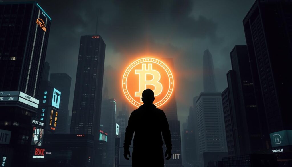 A dark, ominous cityscape at night, with towering skyscrapers and a gloomy, overcast sky. In the foreground, a lone figure standing in the shadows, their face obscured, representing the security concerns around cryptocurrency. The buildings are adorned with neon signs and digital displays, symbolizing the digital nature of cryptocurrencies. The middle ground features a glowing, holographic representation of a bitcoin logo, casting an eerie glow over the scene. The background is filled with a hazy, futuristic ambiance, suggesting the uncertainty and rapidly evolving nature of the cryptocurrency landscape. The lighting is dramatic, with deep shadows and harsh contrasts, conveying a sense of tension and unease. The overall composition evokes a sense of unease and unease, reflecting the complex and often misunderstood security challenges associated with the adoption of cryptocurrencies. A dark, ominous cityscape at night, with towering skyscrapers and a gloomy, overcast sky. In the foreground, a lone figure standing in the shadows, their face obscured, representing the security concerns around cryptocurrency. The buildings are adorned with neon signs and digital displays, symbolizing the digital nature of cryptocurrencies. The middle ground features a glowing, holographic representation of a bitcoin logo, casting an eerie glow over the scene. The background is filled with a hazy, futuristic ambiance, suggesting the uncertainty and rapidly evolving nature of the cryptocurrency landscape. The lighting is dramatic, with deep shadows and harsh contrasts, conveying a sense of tension and unease. The overall composition evokes a sense of unease and unease, reflecting the complex and often misunderstood security challenges associated with the adoption of cryptocurrencies.