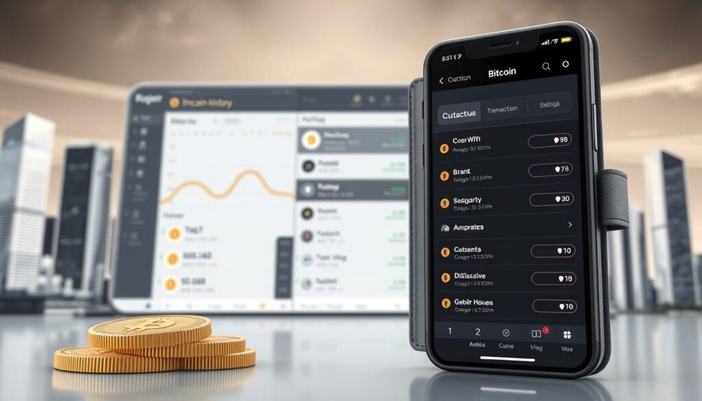A detailed 3D illustration of a Bitcoin wallet interface with various options displayed on the screen. The wallet is shown in the foreground, with a clean and modern design, showcasing different transaction history, send/receive functionality, and settings. The middle ground features a sleek and minimalist cryptocurrency exchange platform backdrop, highlighting the integration and interconnectedness of the wallet. The background depicts a cityscape with skyscrapers, a subtle nod to the global financial system and the role of digital currencies within it. The overall scene conveys a sense of security, control, and the practical integration of Bitcoin into personal financial planning. A detailed 3D illustration of a Bitcoin wallet interface with various options displayed on the screen. The wallet is shown in the foreground, with a clean and modern design, showcasing different transaction history, send/receive functionality, and settings. The middle ground features a sleek and minimalist cryptocurrency exchange platform backdrop, highlighting the integration and interconnectedness of the wallet. The background depicts a cityscape with skyscrapers, a subtle nod to the global financial system and the role of digital currencies within it. The overall scene conveys a sense of security, control, and the practical integration of Bitcoin into personal financial planning.