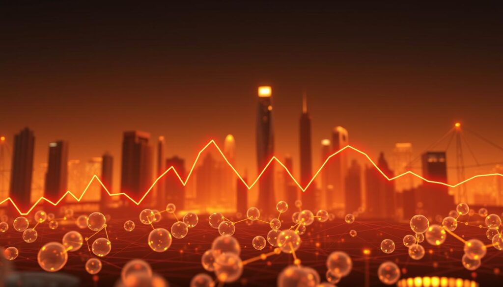 A detailed 3D visualization of the price fluctuations of Bitcoin, rendered with a professional cinematic style. The foreground depicts a dynamic line graph charting the cryptocurrency's value over time, with sharp peaks and valleys conveying the volatility of the market. The midground shows transparent spheres interlocking to form a network, representing the decentralized blockchain technology behind Bitcoin. The background features a minimalist cityscape with futuristic skyscrapers, bathed in a warm, amber-hued lighting that establishes an atmosphere of innovation and financial sophistication. The overall composition creates a striking, data-driven infographic that illustrates the complex market dynamics of the pioneering digital currency. A detailed 3D visualization of the price fluctuations of Bitcoin, rendered with a professional cinematic style. The foreground depicts a dynamic line graph charting the cryptocurrency's value over time, with sharp peaks and valleys conveying the volatility of the market. The midground shows transparent spheres interlocking to form a network, representing the decentralized blockchain technology behind Bitcoin. The background features a minimalist cityscape with futuristic skyscrapers, bathed in a warm, amber-hued lighting that establishes an atmosphere of innovation and financial sophistication. The overall composition creates a striking, data-driven infographic that illustrates the complex market dynamics of the pioneering digital currency.