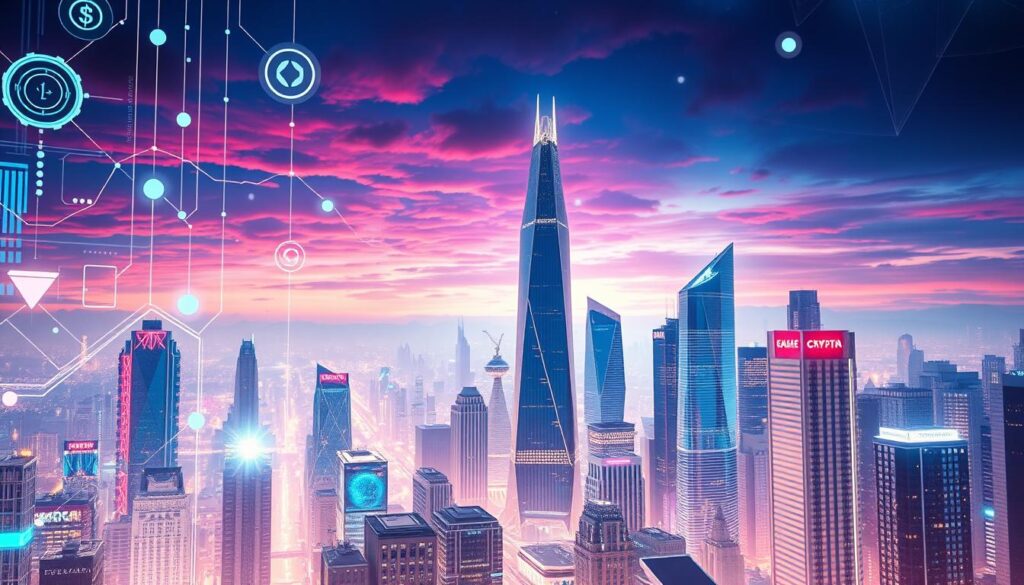 A detailed and futuristic cityscape reflecting the convergence of AI and cryptocurrency. In the foreground, glowing holograms and digital interfaces hover over a bustling metropolis, conveying the seamless integration of advanced technologies. In the middle ground, towering skyscrapers with sharp, angular architecture symbolize the rapid growth and dynamism of the industry. The background features a vibrant, neon-tinged sky, hinting at the boundless potential and transformative power of these emerging innovations. The scene is bathed in a warm, almost utopian glow, suggesting a future of prosperity and technological transcendence. A detailed and futuristic cityscape reflecting the convergence of AI and cryptocurrency. In the foreground, glowing holograms and digital interfaces hover over a bustling metropolis, conveying the seamless integration of advanced technologies. In the middle ground, towering skyscrapers with sharp, angular architecture symbolize the rapid growth and dynamism of the industry. The background features a vibrant, neon-tinged sky, hinting at the boundless potential and transformative power of these emerging innovations. The scene is bathed in a warm, almost utopian glow, suggesting a future of prosperity and technological transcendence.