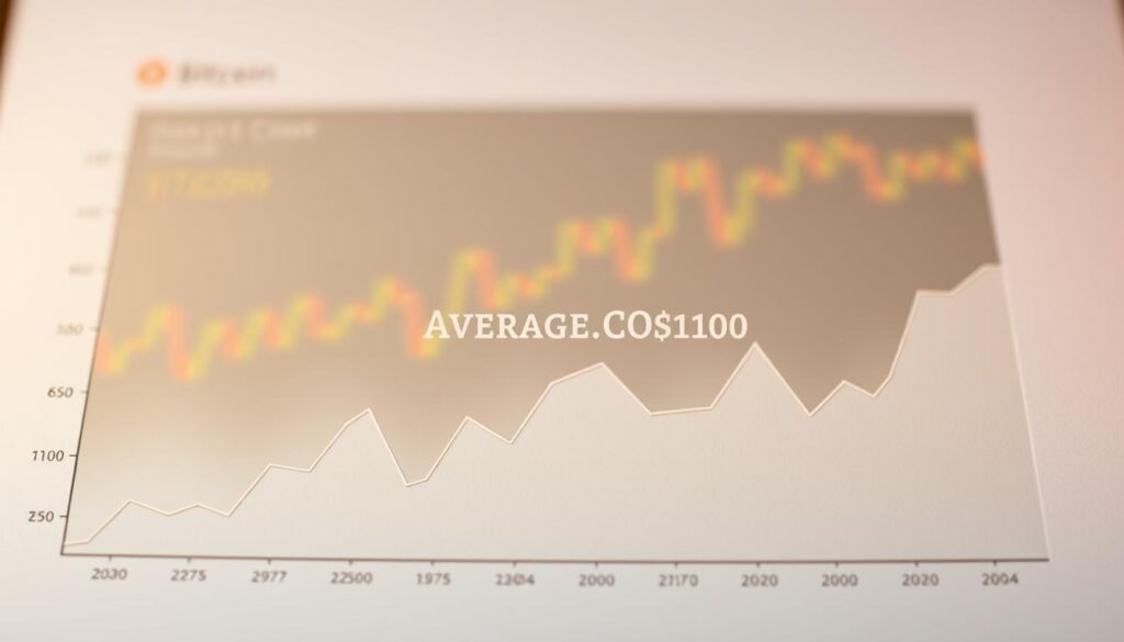 A detailed chart depicting a Bitcoin cost-averaging strategy, with a central focus on the average cost per Bitcoin. The foreground shows a line graph visualizing the investment over time, with Bitcoin prices represented as a series of rising and falling peaks and valleys. The middle ground features a bold, numerical representation of the average cost, highlighted as the key metric. The background provides a subtle, softly-blurred illustration of a trading platform or digital wallet interface, conveying the financial context. The overall scene is lit by a warm, ambient glow, creating a sense of stability and thoughtful investment approach. The composition is crisp, clean, and minimalist, emphasizing the clarity of the cost-averaging concept. A detailed chart depicting a Bitcoin cost-averaging strategy, with a central focus on the average cost per Bitcoin. The foreground shows a line graph visualizing the investment over time, with Bitcoin prices represented as a series of rising and falling peaks and valleys. The middle ground features a bold, numerical representation of the average cost, highlighted as the key metric. The background provides a subtle, softly-blurred illustration of a trading platform or digital wallet interface, conveying the financial context. The overall scene is lit by a warm, ambient glow, creating a sense of stability and thoughtful investment approach. The composition is crisp, clean, and minimalist, emphasizing the clarity of the cost-averaging concept.