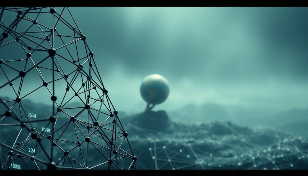 A detailed, cinematic scene depicting the decentralized nature of Bitcoin. In the foreground, a geometric lattice of interlocking nodes and connections, representing the distributed network of Bitcoin transactions. In the middle ground, a globe slowly rotating, symbolizing the global reach and accessibility of the cryptocurrency. In the background, a hazy, ethereal landscape of floating digital data, evoking the abstract, virtual realm of blockchain technology. Lighting is soft and diffuse, creating a sense of tranquility and contemplation. The camera angle is slightly elevated, giving a bird's-eye view to convey the overarching, decentralized system at work. The overall mood is one of technological elegance, power, and the democratization of finance. A detailed, cinematic scene depicting the decentralized nature of Bitcoin. In the foreground, a geometric lattice of interlocking nodes and connections, representing the distributed network of Bitcoin transactions. In the middle ground, a globe slowly rotating, symbolizing the global reach and accessibility of the cryptocurrency. In the background, a hazy, ethereal landscape of floating digital data, evoking the abstract, virtual realm of blockchain technology. Lighting is soft and diffuse, creating a sense of tranquility and contemplation. The camera angle is slightly elevated, giving a bird's-eye view to convey the overarching, decentralized system at work. The overall mood is one of technological elegance, power, and the democratization of finance.