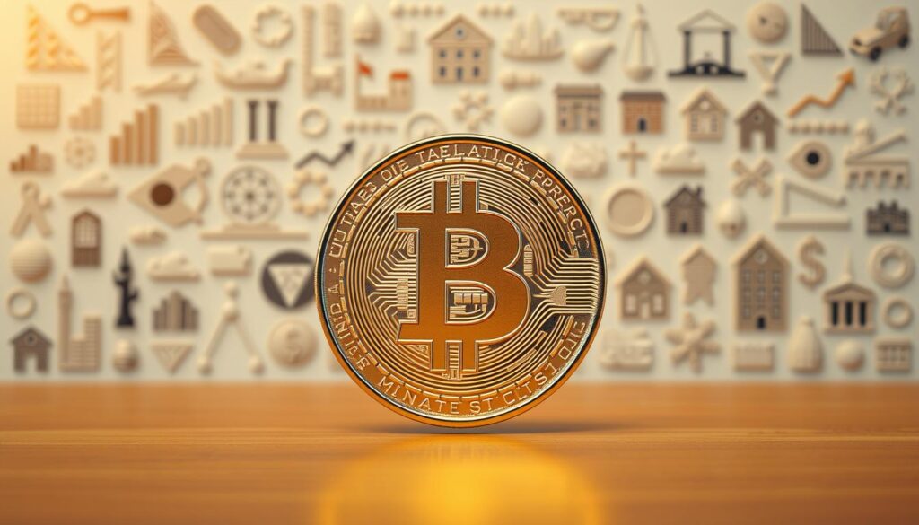 A detailed comparison of Bitcoin against traditional asset classes, presented in a visually striking manner. In the foreground, a central representation of the Bitcoin logo, rendered in a metallic, 3D-like design, commanding attention. In the background, a collage of icons and symbols representing stocks, bonds, real estate, and other investment options, arranged in a balanced, symmetrical layout. The overall scene is bathed in a warm, golden lighting, evoking a sense of stability and prosperity. The composition is clean, minimalist, and professional, suitable for use in a financial planning article. A detailed comparison of Bitcoin against traditional asset classes, presented in a visually striking manner. In the foreground, a central representation of the Bitcoin logo, rendered in a metallic, 3D-like design, commanding attention. In the background, a collage of icons and symbols representing stocks, bonds, real estate, and other investment options, arranged in a balanced, symmetrical layout. The overall scene is bathed in a warm, golden lighting, evoking a sense of stability and prosperity. The composition is clean, minimalist, and professional, suitable for use in a financial planning article.