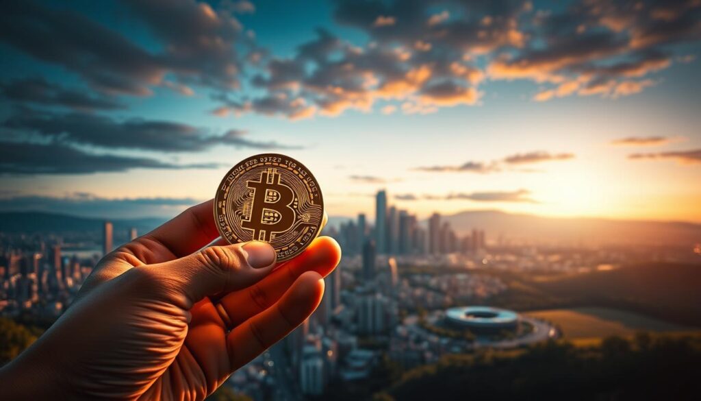 A detailed digital illustration depicting Bitcoin as a medium of exchange. In the foreground, a person's hand holds a shiny Bitcoin token, casting a warm, ambient glow. The middle ground shows a bustling city skyline at dusk, with skyscrapers and infrastructure representing the modern financial system. In the background, a serene natural landscape of rolling hills and a cloudless sky symbolizes the decentralized, borderless nature of Bitcoin. The lighting is dramatic, with long shadows and a golden-hour palette, conveying a sense of progress and possibility. The overall composition suggests Bitcoin's transformative role in the evolving landscape of money and finance. A detailed digital illustration depicting Bitcoin as a medium of exchange. In the foreground, a person's hand holds a shiny Bitcoin token, casting a warm, ambient glow. The middle ground shows a bustling city skyline at dusk, with skyscrapers and infrastructure representing the modern financial system. In the background, a serene natural landscape of rolling hills and a cloudless sky symbolizes the decentralized, borderless nature of Bitcoin. The lighting is dramatic, with long shadows and a golden-hour palette, conveying a sense of progress and possibility. The overall composition suggests Bitcoin's transformative role in the evolving landscape of money and finance.