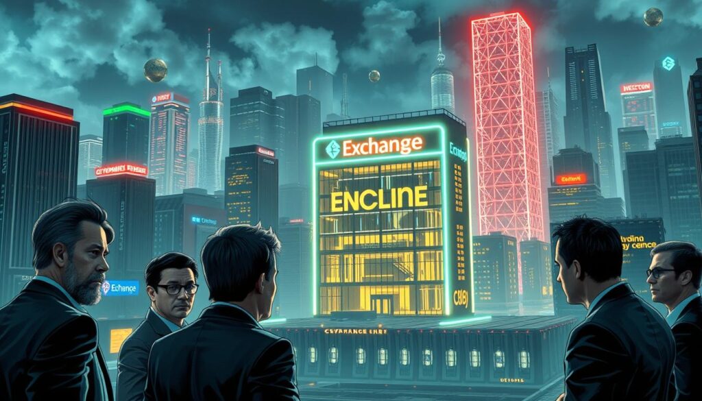 A detailed, futuristic cityscape at night, with a prominent cryptocurrency exchange building in the center, illuminated by neon lights and holographic signage. The foreground features a group of concerned-looking individuals in formal business attire, engaged in a heated discussion about cryptocurrency regulations. In the middle ground, various regulatory agencies and government officials can be seen debating policies, while in the background, a massive data center and blockchain infrastructure powers the city's financial systems. The scene conveys a sense of tension and uncertainty as the future of cryptocurrency regulation hangs in the balance. A detailed, futuristic cityscape at night, with a prominent cryptocurrency exchange building in the center, illuminated by neon lights and holographic signage. The foreground features a group of concerned-looking individuals in formal business attire, engaged in a heated discussion about cryptocurrency regulations. In the middle ground, various regulatory agencies and government officials can be seen debating policies, while in the background, a massive data center and blockchain infrastructure powers the city's financial systems. The scene conveys a sense of tension and uncertainty as the future of cryptocurrency regulation hangs in the balance.