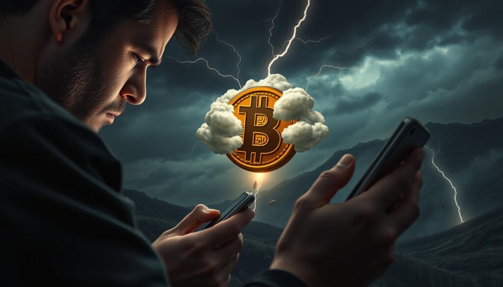 A detailed, high-resolution image depicting the risks and challenges of Bitcoin. The foreground shows a person nervously checking their smartphone, with a worried expression on their face. The middle ground features a floating Bitcoin symbol surrounded by ominous-looking clouds and lightning bolts, symbolizing the volatility and unpredictability of the cryptocurrency market. The background is a dark, foreboding landscape with a sense of unease and uncertainty. The lighting is dramatic, with shadows and highlights that add depth and intensity to the scene. The overall mood is one of apprehension and concern, reflecting the potential risks and challenges associated with Bitcoin investment. A detailed, high-resolution image depicting the risks and challenges of Bitcoin. The foreground shows a person nervously checking their smartphone, with a worried expression on their face. The middle ground features a floating Bitcoin symbol surrounded by ominous-looking clouds and lightning bolts, symbolizing the volatility and unpredictability of the cryptocurrency market. The background is a dark, foreboding landscape with a sense of unease and uncertainty. The lighting is dramatic, with shadows and highlights that add depth and intensity to the scene. The overall mood is one of apprehension and concern, reflecting the potential risks and challenges associated with Bitcoin investment.