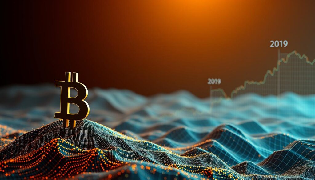 A detailed, high-resolution visualization of the historical development of Bitcoin since its inception in 2009. The foreground depicts the iconic Bitcoin symbol emerging from a sea of data points, lines, and graphs, representing the fluctuating price and trading volume over the years. The middle ground showcases a dynamic, three-dimensional chart that illustrates the exponential growth of Bitcoin's market capitalization. In the background, a softer, out-of-focus landscape depicts the technological and societal shifts that have shaped the cryptocurrency landscape. The scene is illuminated by a warm, directional light, casting subtle shadows and highlighting the intricate data visualizations. The overall mood conveys a sense of the transformative power and long-term significance of Bitcoin as a financial asset and technological innovation. A detailed, high-resolution visualization of the historical development of Bitcoin since its inception in 2009. The foreground depicts the iconic Bitcoin symbol emerging from a sea of data points, lines, and graphs, representing the fluctuating price and trading volume over the years. The middle ground showcases a dynamic, three-dimensional chart that illustrates the exponential growth of Bitcoin's market capitalization. In the background, a softer, out-of-focus landscape depicts the technological and societal shifts that have shaped the cryptocurrency landscape. The scene is illuminated by a warm, directional light, casting subtle shadows and highlighting the intricate data visualizations. The overall mood conveys a sense of the transformative power and long-term significance of Bitcoin as a financial asset and technological innovation.
