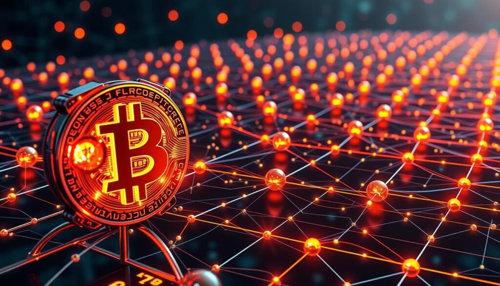 A detailed illustration of the Bitcoin network, rendered in a realistic, technical style. The foreground features a 3D model of a Bitcoin node, its internals visible, glowing with digital energy. The middle ground showcases the interconnected web of nodes, each represented by a stylized sphere, pulsing with data transmissions. In the background, a seamless grid of blockchain transactions unfolds, vibrant lines tracing the flow of digital currency. The lighting is crisp and directional, highlighting the technological complexity of the system. The overall mood is one of innovation, power, and the forward march of decentralized finance. A detailed illustration of the Bitcoin network, rendered in a realistic, technical style. The foreground features a 3D model of a Bitcoin node, its internals visible, glowing with digital energy. The middle ground showcases the interconnected web of nodes, each represented by a stylized sphere, pulsing with data transmissions. In the background, a seamless grid of blockchain transactions unfolds, vibrant lines tracing the flow of digital currency. The lighting is crisp and directional, highlighting the technological complexity of the system. The overall mood is one of innovation, power, and the forward march of decentralized finance.