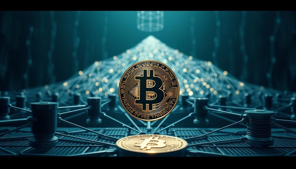 A detailed illustration of the Bitcoin transaction process, captured in a sleek, technical rendering. In the foreground, a series of interconnected nodes representing the peer-to-peer network, with digital wallets and transaction data flowing seamlessly between them. The middle ground depicts the validation and verification stages, with cryptographic hashes and timestamp servers working in harmony. In the background, a shimmering blockchain structure emerges, its distributed ledger maintaining a secure, transparent record of all transactions. The image is rendered in a cool, metallic color scheme, conveying the cutting-edge technology at the heart of the Bitcoin ecosystem. Soft, directional lighting highlights the intricate inner workings, while a wide, cinematic angle captures the scope and scale of the process. A detailed illustration of the Bitcoin transaction process, captured in a sleek, technical rendering. In the foreground, a series of interconnected nodes representing the peer-to-peer network, with digital wallets and transaction data flowing seamlessly between them. The middle ground depicts the validation and verification stages, with cryptographic hashes and timestamp servers working in harmony. In the background, a shimmering blockchain structure emerges, its distributed ledger maintaining a secure, transparent record of all transactions. The image is rendered in a cool, metallic color scheme, conveying the cutting-edge technology at the heart of the Bitcoin ecosystem. Soft, directional lighting highlights the intricate inner workings, while a wide, cinematic angle captures the scope and scale of the process.