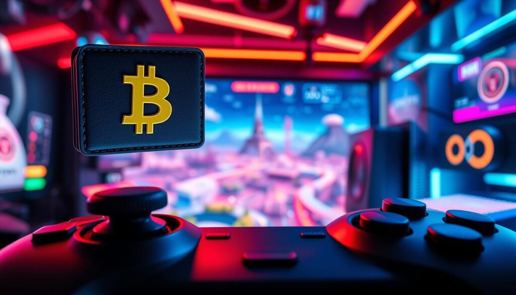 A detailed image of the benefits of integrating Bitcoin into gaming experiences. In the foreground, a digital wallet and Bitcoin icon float above a gaming controller, symbolizing the seamless integration of cryptocurrency and interactive entertainment. In the middle ground, a vibrant virtual world unfolds, showcasing fast, secure, and transparent in-game transactions powered by Bitcoin. The background features sleek, neon-tinged gaming hardware and equipment, conveying a dynamic, futuristic atmosphere. Lighting is dramatic, with bold contrasts and highlights that accentuate the technological aesthetics. The overall mood is one of innovation, progress, and the synergistic potential of Bitcoin and the gaming industry. A detailed image of the benefits of integrating Bitcoin into gaming experiences. In the foreground, a digital wallet and Bitcoin icon float above a gaming controller, symbolizing the seamless integration of cryptocurrency and interactive entertainment. In the middle ground, a vibrant virtual world unfolds, showcasing fast, secure, and transparent in-game transactions powered by Bitcoin. The background features sleek, neon-tinged gaming hardware and equipment, conveying a dynamic, futuristic atmosphere. Lighting is dramatic, with bold contrasts and highlights that accentuate the technological aesthetics. The overall mood is one of innovation, progress, and the synergistic potential of Bitcoin and the gaming industry.