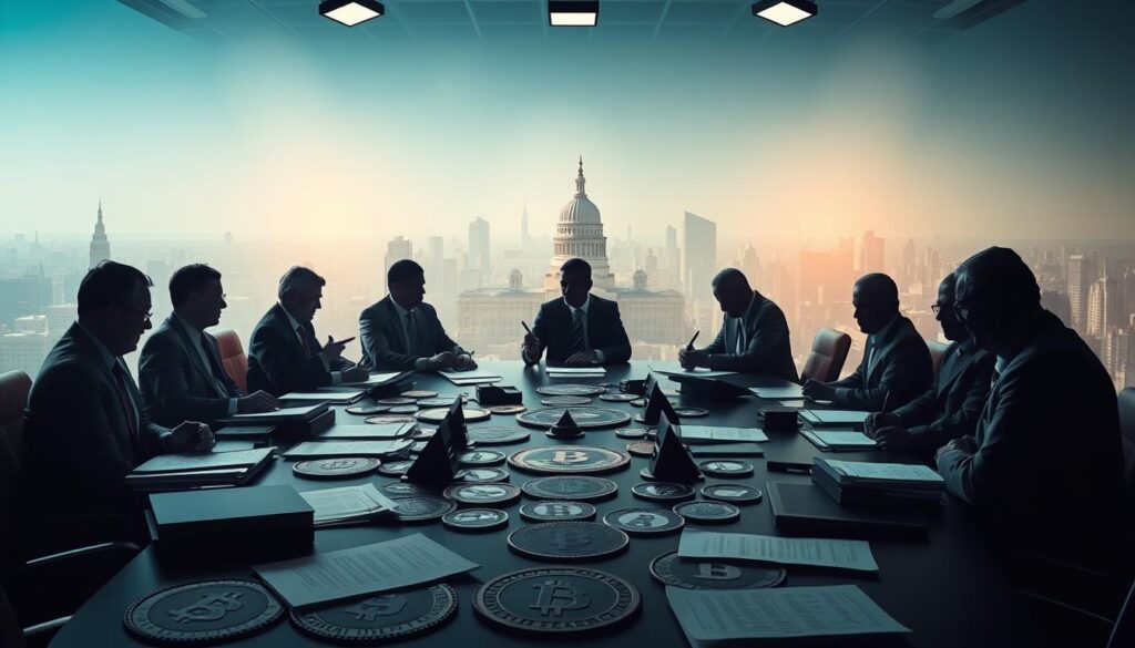 A detailed regulatory landscape with a central focus on silhouettes of government officials, financial regulators, and policymakers engaged in deliberation. The foreground depicts a formal meeting table with various documents, tablets, and communication devices. The middle ground shows a diverse array of state seals, legal texts, and symbols of financial oversight. The background features a hazy cityscape with towering government buildings, suggesting the broader sociopolitical context. The lighting is a mix of cool, fluorescent tones and warm, focused spotlights, creating an atmosphere of bureaucratic gravity and high-stakes decision-making. The overall composition conveys the complex, multilayered process of financial regulation and state response to emerging technologies like Bitcoin. A detailed regulatory landscape with a central focus on silhouettes of government officials, financial regulators, and policymakers engaged in deliberation. The foreground depicts a formal meeting table with various documents, tablets, and communication devices. The middle ground shows a diverse array of state seals, legal texts, and symbols of financial oversight. The background features a hazy cityscape with towering government buildings, suggesting the broader sociopolitical context. The lighting is a mix of cool, fluorescent tones and warm, focused spotlights, creating an atmosphere of bureaucratic gravity and high-stakes decision-making. The overall composition conveys the complex, multilayered process of financial regulation and state response to emerging technologies like Bitcoin.