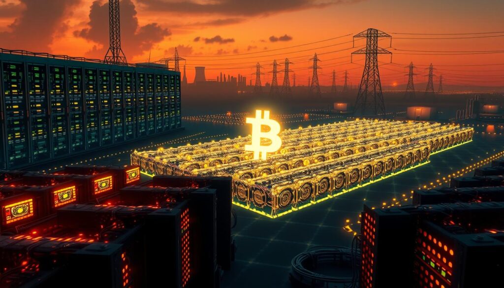 A detailed, scientifically-accurate illustration of the immense energy consumption of the Bitcoin network. In the foreground, a massive, glowing server farm with rows of mining rigs emitting intense heat and light, conveying the scale and intensity of the computational power required. In the middle ground, a three-dimensional visualization of the Bitcoin blockchain, its vast, ever-expanding distributed ledger represented as a complex, intricate data structure. In the distant background, a shadowy silhouette of the global energy grid, with power plants and transmission lines struggling to keep up with Bitcoin's insatiable thirst for electricity. The overall scene conveys a sense of the unsustainable environmental cost of maintaining the Bitcoin network, creating a thought-provoking visual metaphor for the "Kritische Betrachtung" of this technology. A detailed, scientifically-accurate illustration of the immense energy consumption of the Bitcoin network. In the foreground, a massive, glowing server farm with rows of mining rigs emitting intense heat and light, conveying the scale and intensity of the computational power required. In the middle ground, a three-dimensional visualization of the Bitcoin blockchain, its vast, ever-expanding distributed ledger represented as a complex, intricate data structure. In the distant background, a shadowy silhouette of the global energy grid, with power plants and transmission lines struggling to keep up with Bitcoin's insatiable thirst for electricity. The overall scene conveys a sense of the unsustainable environmental cost of maintaining the Bitcoin network, creating a thought-provoking visual metaphor for the "Kritische Betrachtung" of this technology.