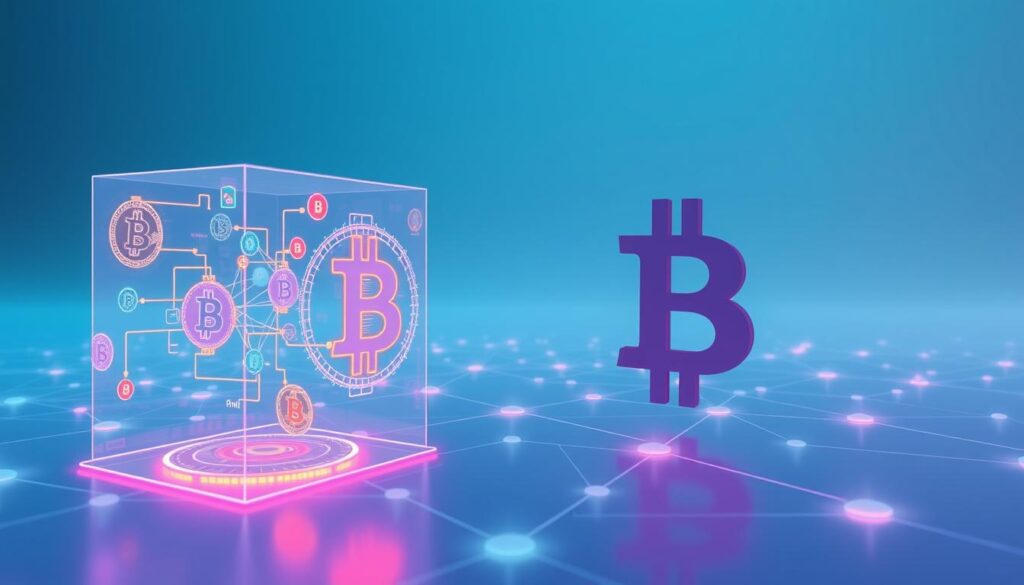 A detailed, wide-angle shot of Bitcoin transaction visualizations. Sleek, minimalist design with a clean, technological aesthetic. The foreground features a 3D holographic representation of various Bitcoin transaction flows, with vibrant colors and geometric shapes pulsing and intertwining. The middle ground showcases a simplified blockchain network diagram, depicting the secure, decentralized structure of the Bitcoin protocol. The background is a soft, gradient blue, evoking a sense of innovation, progress, and the future of finance. Crisp, high-contrast lighting accentuates the digital elements, creating depth and emphasizing the technical complexities of the Bitcoin ecosystem. A detailed, wide-angle shot of Bitcoin transaction visualizations. Sleek, minimalist design with a clean, technological aesthetic. The foreground features a 3D holographic representation of various Bitcoin transaction flows, with vibrant colors and geometric shapes pulsing and intertwining. The middle ground showcases a simplified blockchain network diagram, depicting the secure, decentralized structure of the Bitcoin protocol. The background is a soft, gradient blue, evoking a sense of innovation, progress, and the future of finance. Crisp, high-contrast lighting accentuates the digital elements, creating depth and emphasizing the technical complexities of the Bitcoin ecosystem.