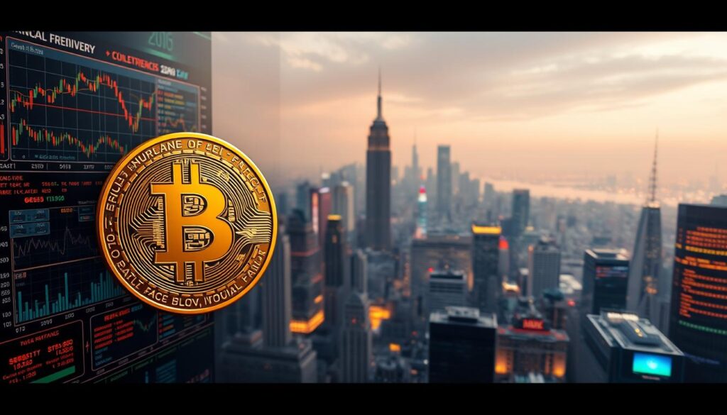 A detailed, wide-angled view of the correlation between Bitcoin and traditional financial markets. The foreground features a prominent Bitcoin icon alongside various stock market and currency charts, candlestick graphs, and other financial data visualizations. The middle ground depicts a cityscape of skyscrapers and trading floors, reflecting the interconnected nature of the global economy. The background gradually fades into a soft, ethereal atmosphere, symbolizing the still-emerging and uncertain dynamics between the cryptocurrency and traditional asset classes. The lighting is a balanced mix of warm and cool tones, evoking a sense of analytical contemplation. The overall composition conveys the complex, data-driven relationship between Bitcoin and conventional financial markets. A detailed, wide-angled view of the correlation between Bitcoin and traditional financial markets. The foreground features a prominent Bitcoin icon alongside various stock market and currency charts, candlestick graphs, and other financial data visualizations. The middle ground depicts a cityscape of skyscrapers and trading floors, reflecting the interconnected nature of the global economy. The background gradually fades into a soft, ethereal atmosphere, symbolizing the still-emerging and uncertain dynamics between the cryptocurrency and traditional asset classes. The lighting is a balanced mix of warm and cool tones, evoking a sense of analytical contemplation. The overall composition conveys the complex, data-driven relationship between Bitcoin and conventional financial markets.