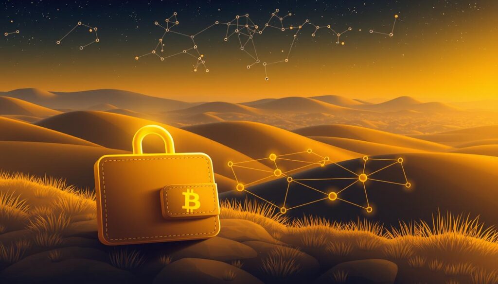 A digital illustration depicting the protection of privacy in Bitcoin transactions. In the foreground, a secure digital Bitcoin wallet with a lock icon, symbolizing the encryption and security of private keys. In the middle ground, a network of interconnected nodes, representing the decentralized Bitcoin blockchain, maintaining anonymity. In the background, a serene landscape with rolling hills and a starry night sky, conveying a sense of tranquility and security. The scene is illuminated by a warm, ambient lighting, creating a calming and reassuring atmosphere. The composition is balanced, with a focus on the key elements that represent the privacy and protection aspects of Bitcoin transactions. A digital illustration depicting the protection of privacy in Bitcoin transactions. In the foreground, a secure digital Bitcoin wallet with a lock icon, symbolizing the encryption and security of private keys. In the middle ground, a network of interconnected nodes, representing the decentralized Bitcoin blockchain, maintaining anonymity. In the background, a serene landscape with rolling hills and a starry night sky, conveying a sense of tranquility and security. The scene is illuminated by a warm, ambient lighting, creating a calming and reassuring atmosphere. The composition is balanced, with a focus on the key elements that represent the privacy and protection aspects of Bitcoin transactions.