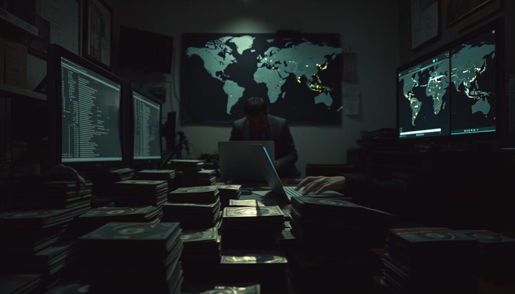 A dimly lit financial office, illuminated by the glow of computer screens. In the foreground, stacks of cash and piles of cryptocurrency hardware wallets converge, casting eerie shadows across the desk. The middle ground reveals a shadowy figure hunched over a laptop, fingers darting across the keyboard as lines of code flicker across the screen. In the background, a world map dominates the wall, dotted with highlighted locations, hinting at the global reach of this illicit operation. The atmosphere is tense, foreboding, and rife with the sense of a high-stakes game of digital cat and mouse. A dimly lit financial office, illuminated by the glow of computer screens. In the foreground, stacks of cash and piles of cryptocurrency hardware wallets converge, casting eerie shadows across the desk. The middle ground reveals a shadowy figure hunched over a laptop, fingers darting across the keyboard as lines of code flicker across the screen. In the background, a world map dominates the wall, dotted with highlighted locations, hinting at the global reach of this illicit operation. The atmosphere is tense, foreboding, and rife with the sense of a high-stakes game of digital cat and mouse.