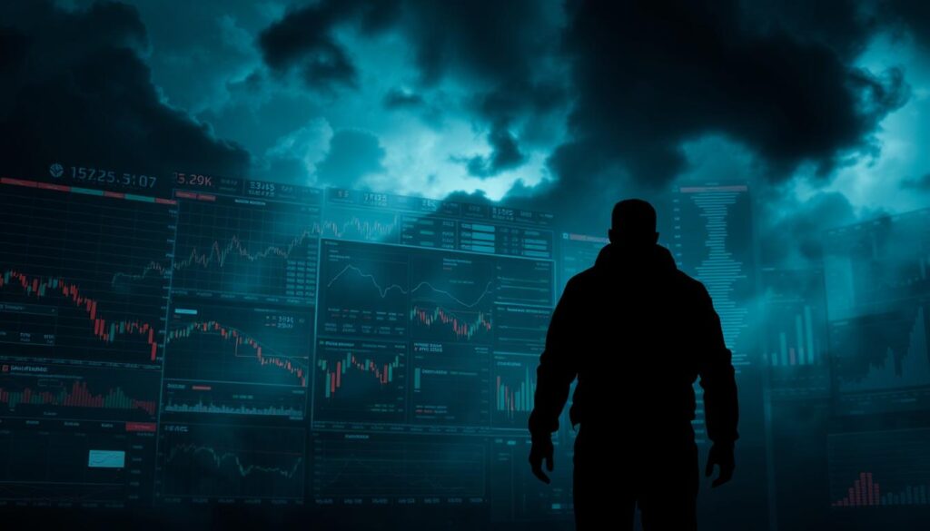 A dimly lit, moody scene depicting the risks and challenges faced by investors. In the foreground, a shadowy figure, representing the investor, stands amidst a chaotic swirl of rapidly fluctuating financial charts, graphs, and data screens, symbolizing the volatility and uncertainty of the markets. The background is shrouded in an ominous, foreboding atmosphere, with dark clouds and ominous shadows, suggesting the looming threats and hazards that investors must navigate. The lighting is dramatic, with harsh contrasts and dramatic shadows, adding to the sense of tension and unease. The overall composition conveys a sense of the burden and stress that investors must carry as they navigate the complex and treacherous financial landscape. A dimly lit, moody scene depicting the risks and challenges faced by investors. In the foreground, a shadowy figure, representing the investor, stands amidst a chaotic swirl of rapidly fluctuating financial charts, graphs, and data screens, symbolizing the volatility and uncertainty of the markets. The background is shrouded in an ominous, foreboding atmosphere, with dark clouds and ominous shadows, suggesting the looming threats and hazards that investors must navigate. The lighting is dramatic, with harsh contrasts and dramatic shadows, adding to the sense of tension and unease. The overall composition conveys a sense of the burden and stress that investors must carry as they navigate the complex and treacherous financial landscape.