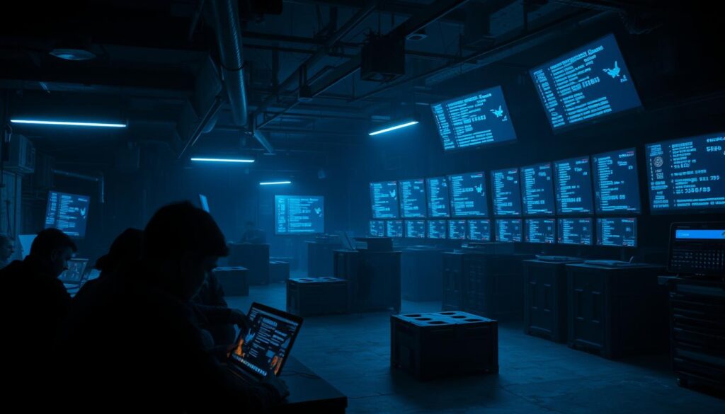 A dimly lit underground marketplace, illuminated by the soft glow of Kryptowährungen exchanging hands. In the foreground, shadowy figures huddle around a laptop, their features obscured by the eerie blue light. The middle ground reveals a maze of dark corridors, lined with crates and servers hinting at the illicit wares on offer. In the background, a towering wall of monitors displays a flurry of cryptic code and shifting exchange rates, the beating heart of this digital underworld. An atmosphere of secrecy and unease permeates the scene, reflecting the evolution of cryptocurrency's role in the Darknet. A dimly lit underground marketplace, illuminated by the soft glow of Kryptowährungen exchanging hands. In the foreground, shadowy figures huddle around a laptop, their features obscured by the eerie blue light. The middle ground reveals a maze of dark corridors, lined with crates and servers hinting at the illicit wares on offer. In the background, a towering wall of monitors displays a flurry of cryptic code and shifting exchange rates, the beating heart of this digital underworld. An atmosphere of secrecy and unease permeates the scene, reflecting the evolution of cryptocurrency's role in the Darknet.