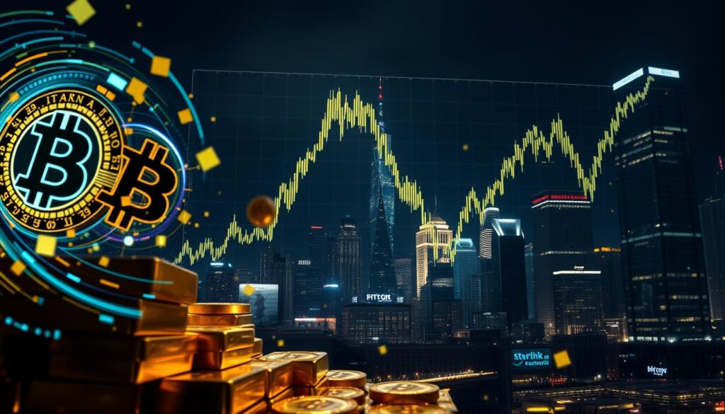 A dramatic, cinematic scene depicting the volatility of Bitcoin as a financial asset. In the foreground, a stack of gold bullion bars, partially obscured by swirling digital currency symbols - Bitcoin logos, glowing lines, and blinking data streams. The middle ground features a large, imposing graph or chart illustrating the dramatic price fluctuations of Bitcoin over time, with sharp peaks and valleys. In the background, a cityscape at night, with skyscrapers and office buildings illuminated by neon lights, suggesting the high-intensity global financial markets. The lighting is dramatic, with deep shadows and highlights, creating a sense of tension and uncertainty. The overall mood is one of profound volatility, risk, and the dichotomy of digital versus physical wealth. A dramatic, cinematic scene depicting the volatility of Bitcoin as a financial asset. In the foreground, a stack of gold bullion bars, partially obscured by swirling digital currency symbols - Bitcoin logos, glowing lines, and blinking data streams. The middle ground features a large, imposing graph or chart illustrating the dramatic price fluctuations of Bitcoin over time, with sharp peaks and valleys. In the background, a cityscape at night, with skyscrapers and office buildings illuminated by neon lights, suggesting the high-intensity global financial markets. The lighting is dramatic, with deep shadows and highlights, creating a sense of tension and uncertainty. The overall mood is one of profound volatility, risk, and the dichotomy of digital versus physical wealth.