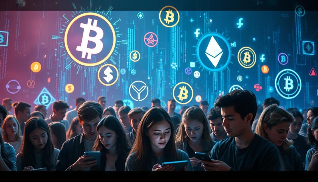 A dramatic, cinematic view of various digital cryptocurrency symbols and icons, including the Bitcoin 'B' logo, Ethereum's E, and other altcoin symbols, floating in a sea of futuristic, holographic data streams and glowing, neon-like networks. The foreground is filled with a diverse cast of young adult figures, some gazing intently at digital devices, others engaged in animated discussion, reflecting the risk-aware yet opportunity-focused mindset of Generation Z investors in the cryptocurrency space. The background is shrouded in an atmospheric, moody lighting, with a sense of technological wonder and forward-looking potential. A dramatic, cinematic view of various digital cryptocurrency symbols and icons, including the Bitcoin 'B' logo, Ethereum's E, and other altcoin symbols, floating in a sea of futuristic, holographic data streams and glowing, neon-like networks. The foreground is filled with a diverse cast of young adult figures, some gazing intently at digital devices, others engaged in animated discussion, reflecting the risk-aware yet opportunity-focused mindset of Generation Z investors in the cryptocurrency space. The background is shrouded in an atmospheric, moody lighting, with a sense of technological wonder and forward-looking potential.