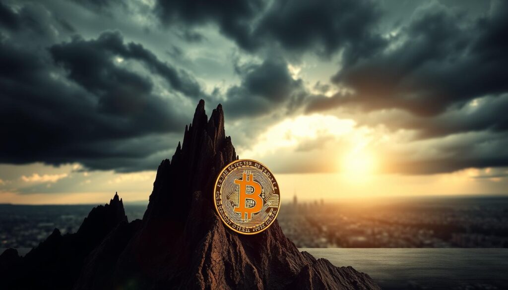 A dramatic, high-contrast image of Bitcoin's volatile price movements, shot with a wide-angle lens to capture the scale and intensity. The foreground features a jagged, spiking Bitcoin graph against a moody, stormy sky, with ominous dark clouds and shafts of dramatic light breaking through. The middle ground depicts a cityscape in the distance, hinting at the broader economic and financial context. The background is blurred and atmospheric, emphasizing the sense of uncertainty and risk. The overall composition conveys the turbulent, unpredictable nature of Bitcoin's performance and the challenges it poses for financial planning. A dramatic, high-contrast image of Bitcoin's volatile price movements, shot with a wide-angle lens to capture the scale and intensity. The foreground features a jagged, spiking Bitcoin graph against a moody, stormy sky, with ominous dark clouds and shafts of dramatic light breaking through. The middle ground depicts a cityscape in the distance, hinting at the broader economic and financial context. The background is blurred and atmospheric, emphasizing the sense of uncertainty and risk. The overall composition conveys the turbulent, unpredictable nature of Bitcoin's performance and the challenges it poses for financial planning.