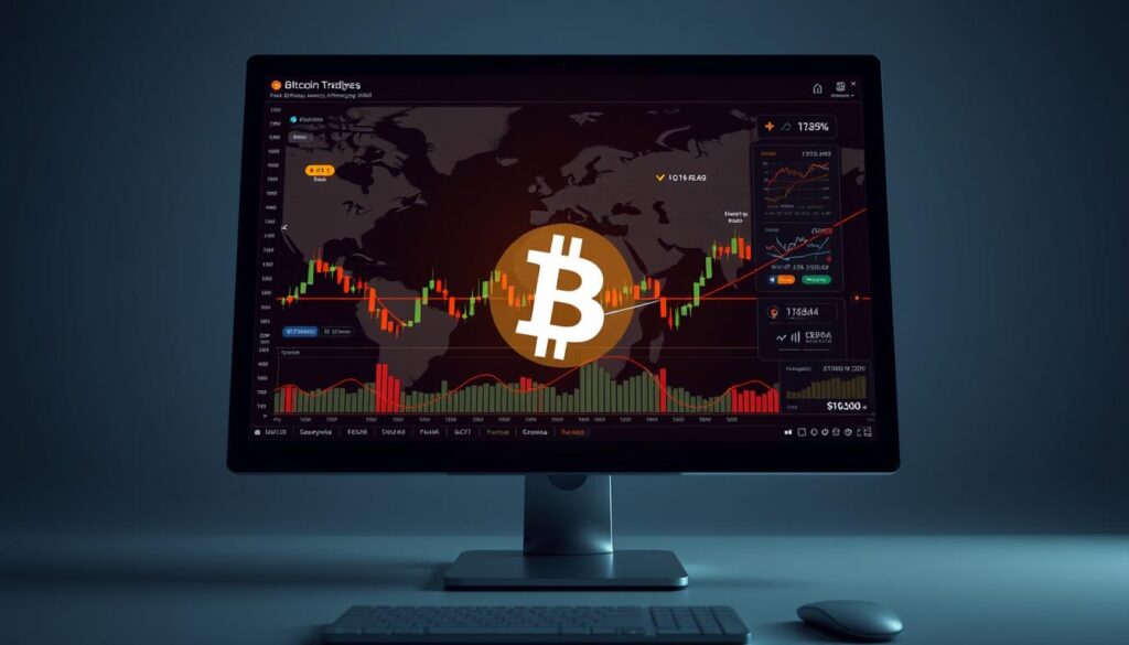 A dynamic, high-contrast rendering of a computer screen displaying various technical indicators and data visualizations related to Bitcoin trading. The foreground features a clean, minimalist interface with charts, graphs, and trading signals. The middle ground showcases candlestick charts, moving averages, and technical oscillators in a sleek, data-driven layout. The background subtly integrates a stylized world map, suggesting the global nature of cryptocurrency markets. The image conveys a sense of precision, technology, and the analytical process of technical analysis for Bitcoin traders, with a cool, professional tone. A dynamic, high-contrast rendering of a computer screen displaying various technical indicators and data visualizations related to Bitcoin trading. The foreground features a clean, minimalist interface with charts, graphs, and trading signals. The middle ground showcases candlestick charts, moving averages, and technical oscillators in a sleek, data-driven layout. The background subtly integrates a stylized world map, suggesting the global nature of cryptocurrency markets. The image conveys a sense of precision, technology, and the analytical process of technical analysis for Bitcoin traders, with a cool, professional tone.
