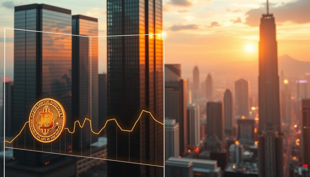 A dynamic, three-dimensional visualization of the Bitcoin price movement, set against a futuristic cityscape. In the foreground, a holographic display showcases the coin's trajectory, its lines and curves reflecting the cryptocurrency's volatile nature. The middle ground depicts towering skyscrapers, their glass facades glimmering in the light of a late afternoon sun, suggesting the integration of Bitcoin into the modern financial landscape. In the background, a vibrant, neon-tinged skyline serves as a backdrop, hinting at the technology and innovation that underpin the digital currency. The scene is bathed in a warm, ethereal glow, creating a sense of both progress and unease, as the viewer contemplates the ever-shifting dynamics of the Bitcoin market. A dynamic, three-dimensional visualization of the Bitcoin price movement, set against a futuristic cityscape. In the foreground, a holographic display showcases the coin's trajectory, its lines and curves reflecting the cryptocurrency's volatile nature. The middle ground depicts towering skyscrapers, their glass facades glimmering in the light of a late afternoon sun, suggesting the integration of Bitcoin into the modern financial landscape. In the background, a vibrant, neon-tinged skyline serves as a backdrop, hinting at the technology and innovation that underpin the digital currency. The scene is bathed in a warm, ethereal glow, creating a sense of both progress and unease, as the viewer contemplates the ever-shifting dynamics of the Bitcoin market.