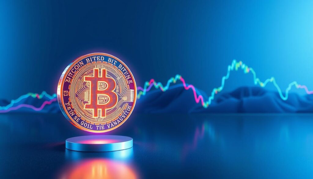 A dynamic visualization of Bitcoin's price fluctuations over time, presented against a sleek, futuristic backdrop. In the foreground, a three-dimensional, holographic representation of the Bitcoin symbol rotates slowly, its facets glowing with an otherworldly luminescence. In the middle ground, a series of colorful, undulating lines chart the cryptocurrency's dramatic price movements, ebbing and flowing like the tides. The background is a minimalist, metallic landscape, bathed in cool, blue-tinted lighting that creates a sense of technological sophistication and innovation. The overall composition conveys the excitement, volatility, and potential of integrating Bitcoin into a comprehensive financial plan. A dynamic visualization of Bitcoin's price fluctuations over time, presented against a sleek, futuristic backdrop. In the foreground, a three-dimensional, holographic representation of the Bitcoin symbol rotates slowly, its facets glowing with an otherworldly luminescence. In the middle ground, a series of colorful, undulating lines chart the cryptocurrency's dramatic price movements, ebbing and flowing like the tides. The background is a minimalist, metallic landscape, bathed in cool, blue-tinted lighting that creates a sense of technological sophistication and innovation. The overall composition conveys the excitement, volatility, and potential of integrating Bitcoin into a comprehensive financial plan.